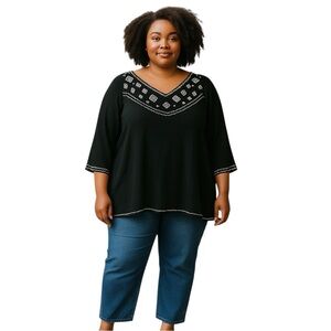 D & CO Denim Co Top Women’s 3X‎ Black Embroidered Peasant Boho Tribal V Neck